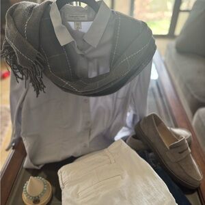 Women’s Coldwater Creek Light Gray Dress Shirt. No iron. M. 10-12. 3/4 sleeve.